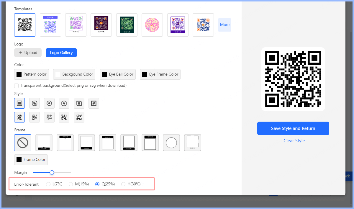 change qr code error correction level