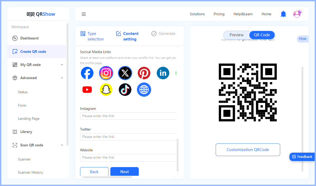 link social media to vcard qr