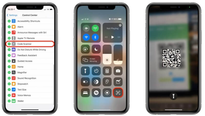 scan qr code on iphone with control center