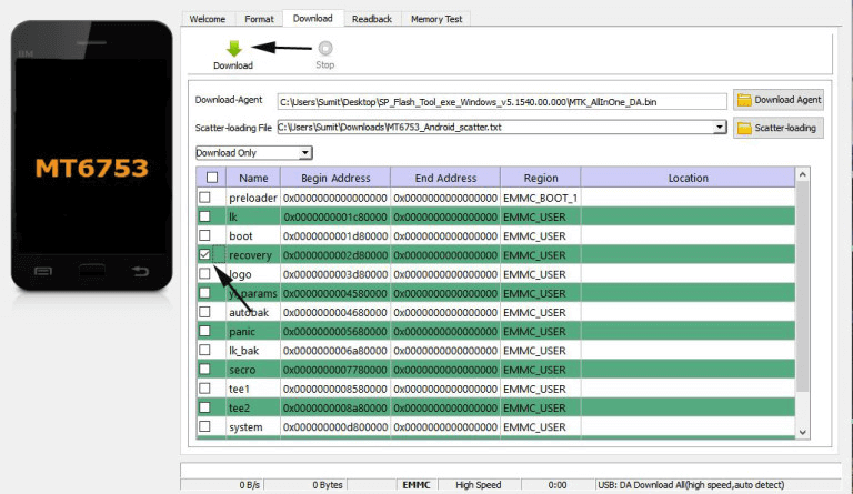 Installare il file di ripristino utilizzando SP Flash Tool