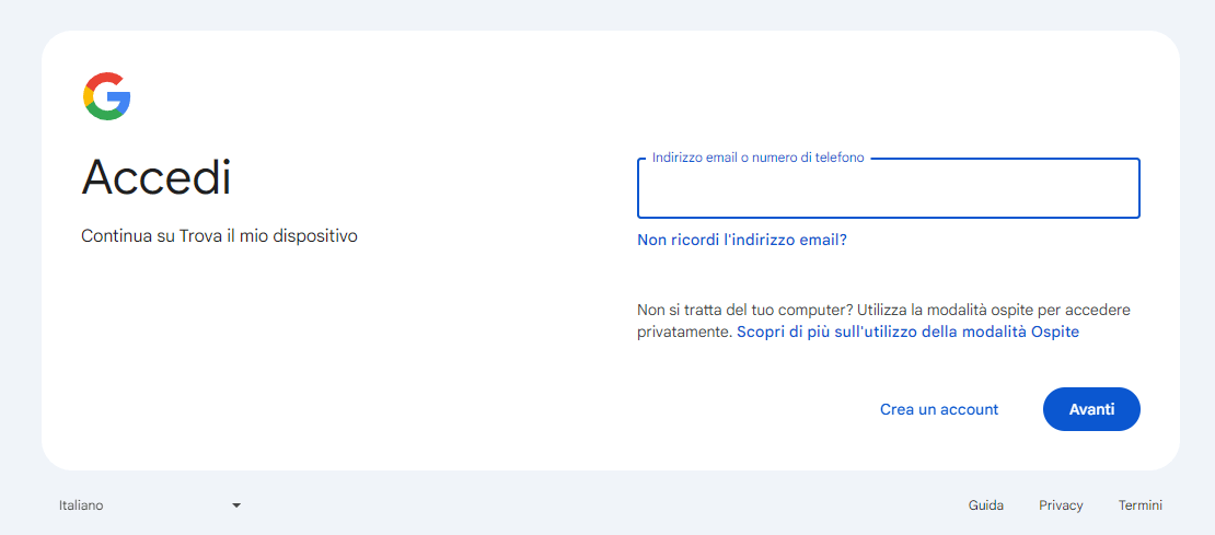 Accedi a Google per trovare il mio dispositivo
