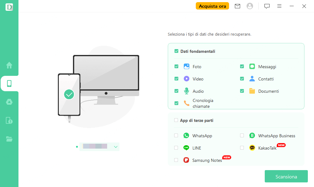 Selezionare il tipo di file che si desidera recuperare