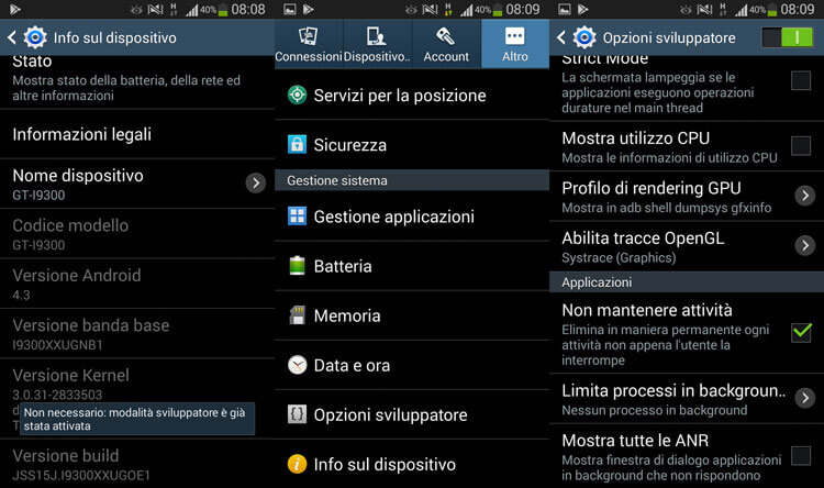 Modalità sviluppatore Android attivata