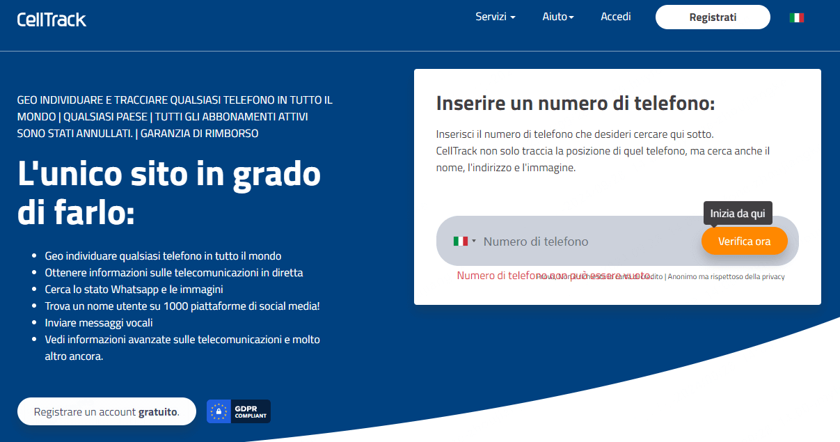 localizzare il numero di cellulare in modo anonimo con CellTrace