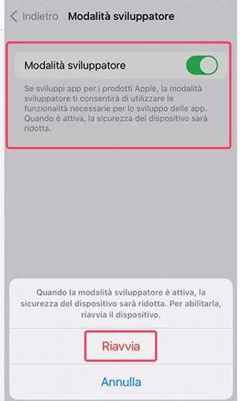 Modalità sviluppatore attivata con successo in iOS 16/17/18