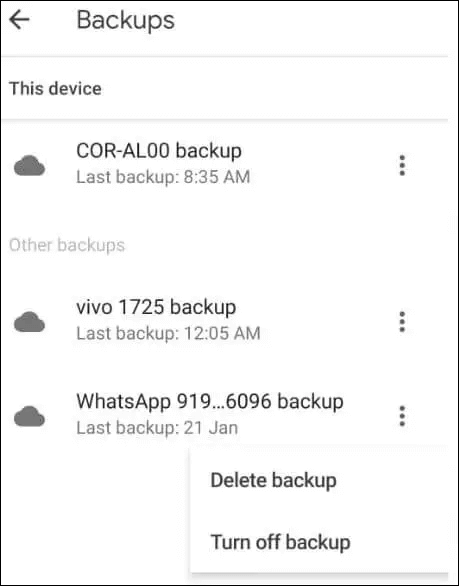 elimina il file posteriore di Whatsapp in Google Drive su Android