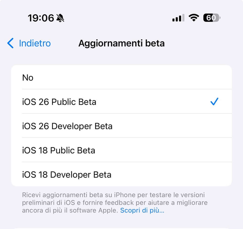 Download iOS 26 beta Pubblica