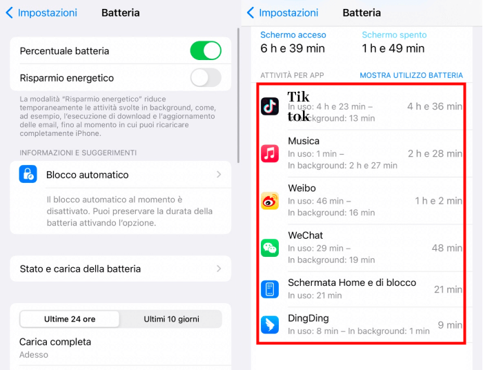 Controlla l'utilizzo della batteria dell'app su iPhone