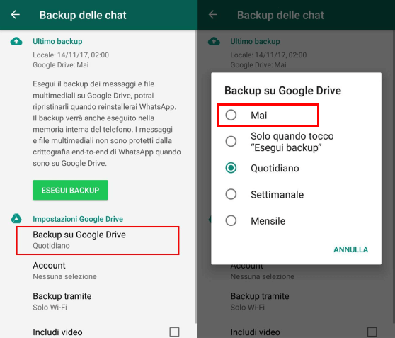 non eseguire mai il backup della chat di Whatsapp su Google Drive