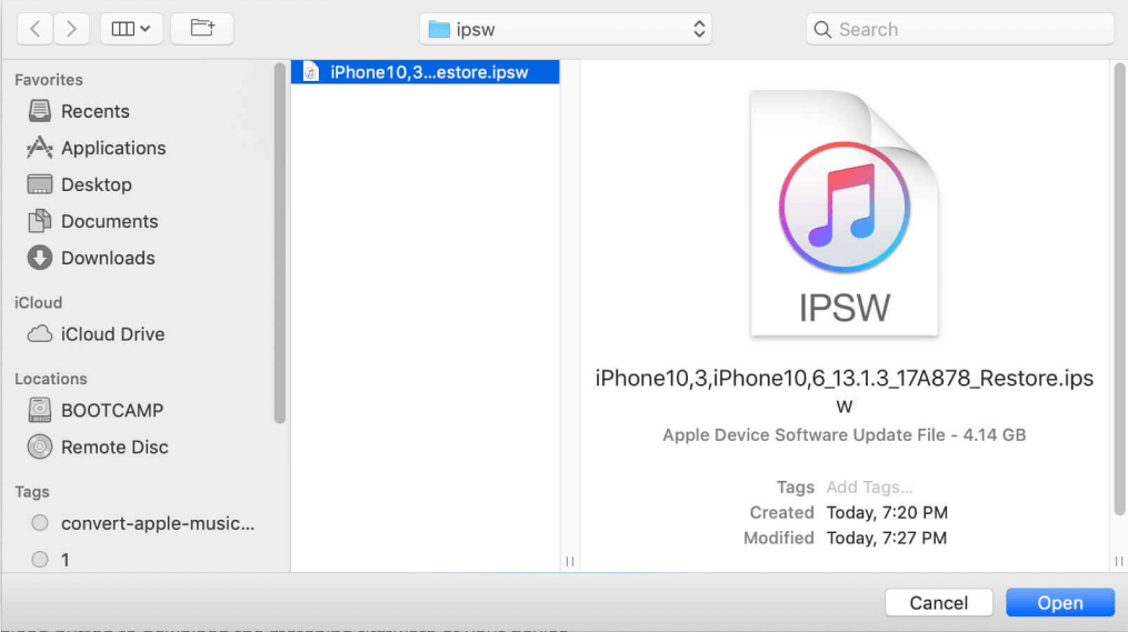 Apri l'archivio IPSW da iTunes