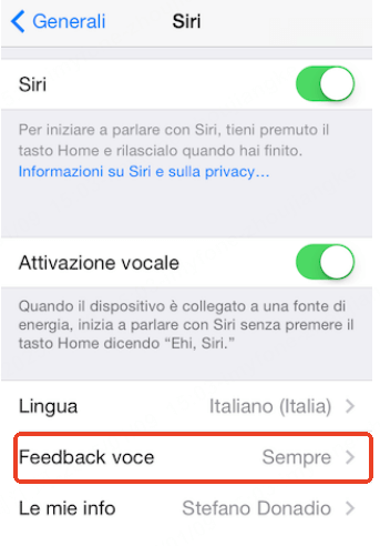 Attiva la funzione di Feedback voce