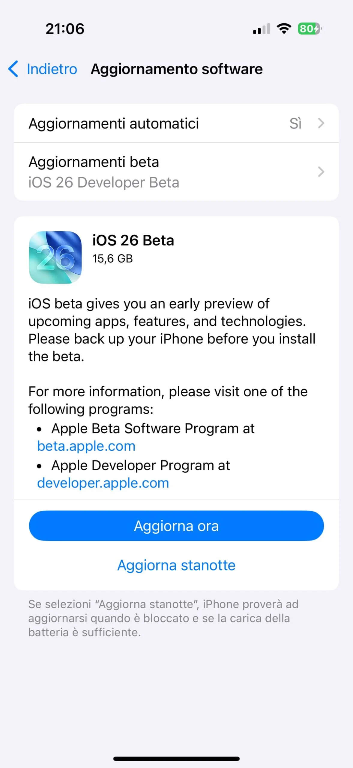 Aggiorna a iOS 26 Beta