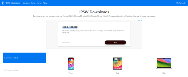 Il sito IPSW seleziona il modello di iPhone