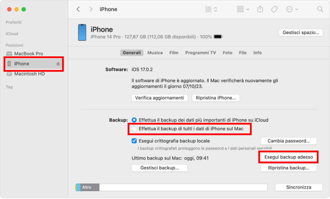 Backup dell'iPhone su Mac
