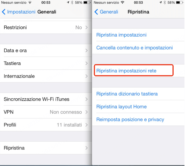 ripristino impostazioni di rete iphone