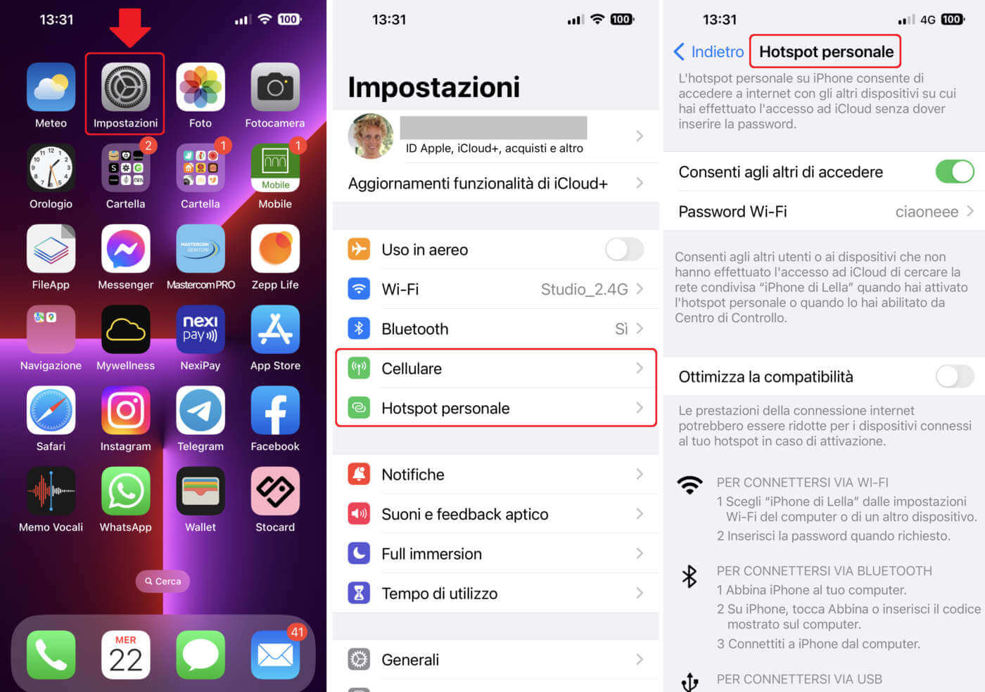 Aprire Hotspot personale su iPhone