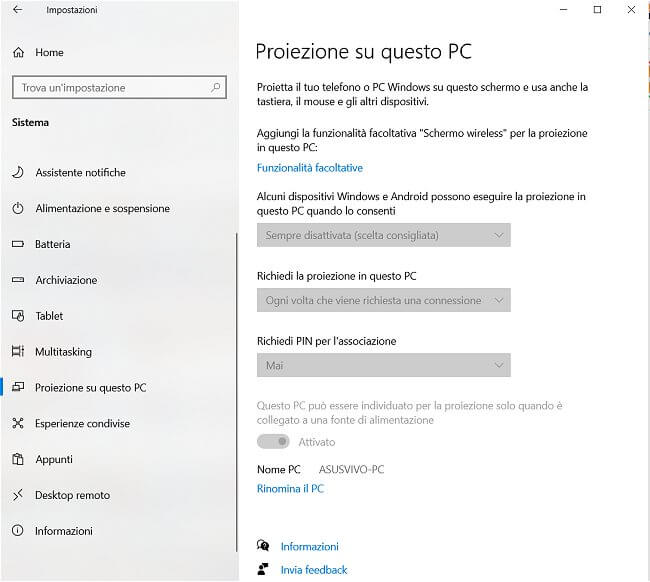 Attiva Proietta su questo PC