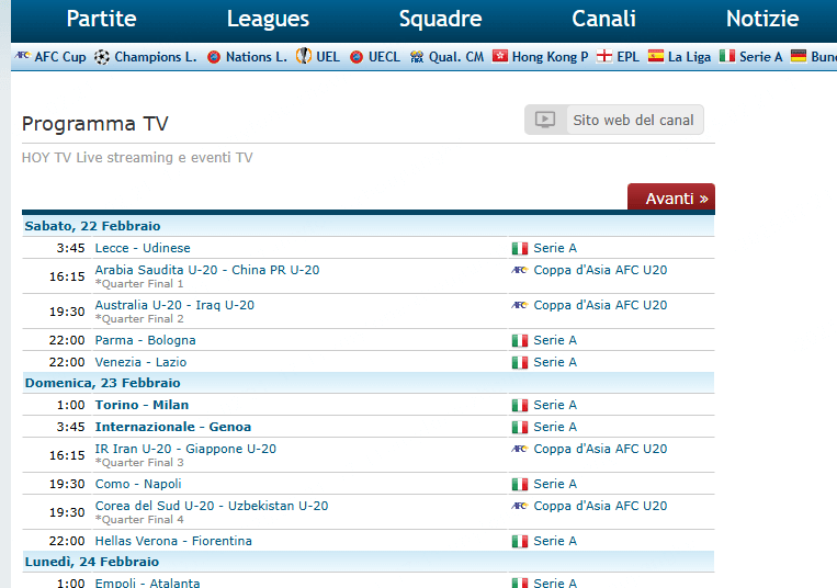 Stream Football TV - sito per guardare le partite di calcio in diretta