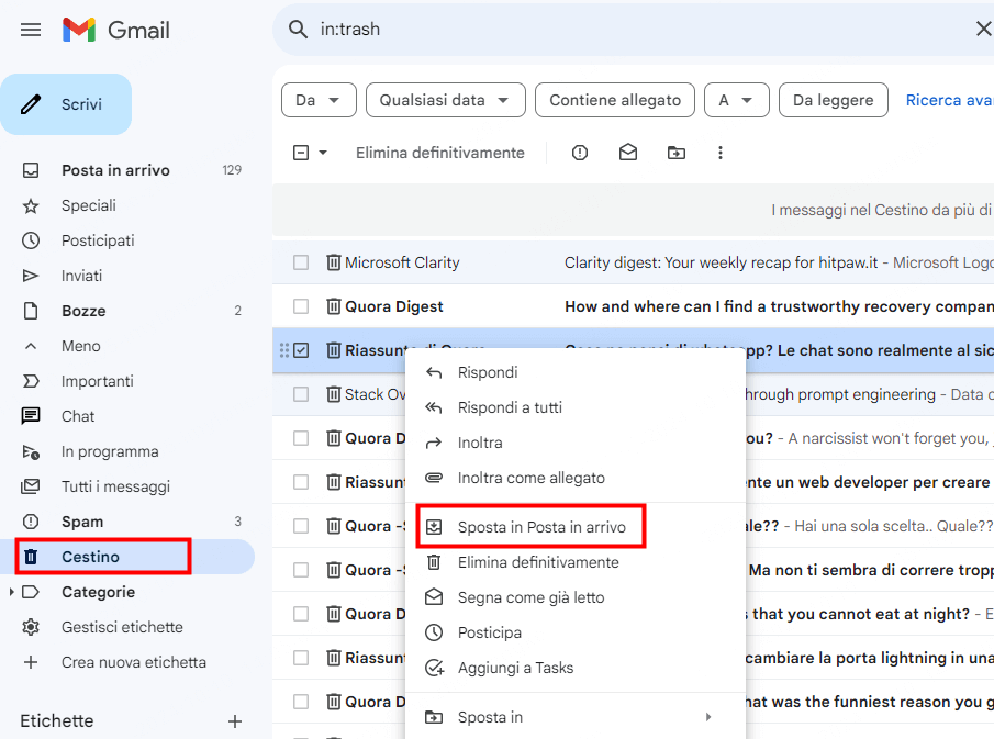 Recuperare le e-mail eliminate dal cestino di Gmail