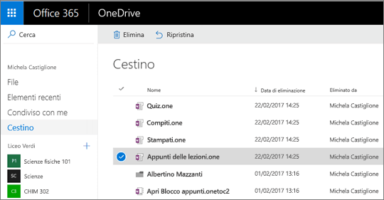 Ripristino del cestino con OneDrive