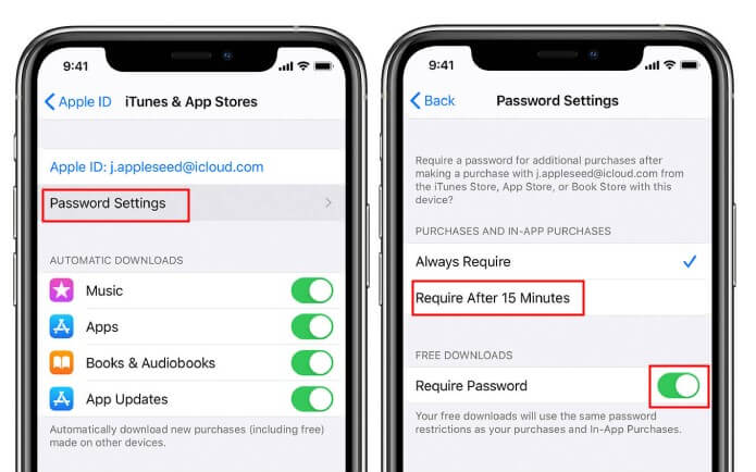 Impostazioni password iTunes e App Store Richiedi dopo 15 minuti