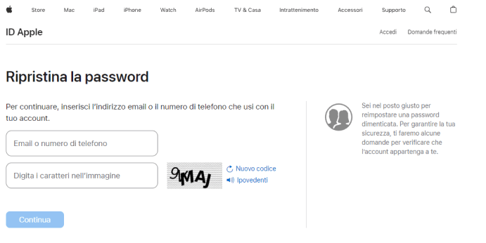 Ripristina la password di ID Apple tramite iforgot.com