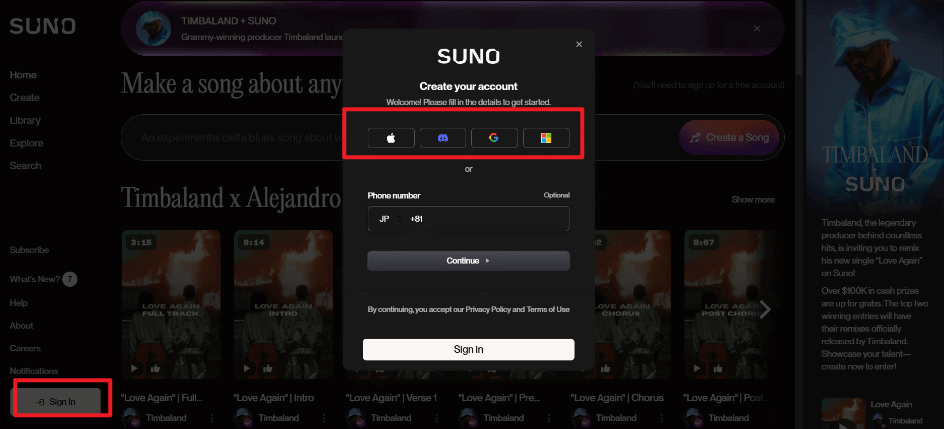 Creare un account suno AI
