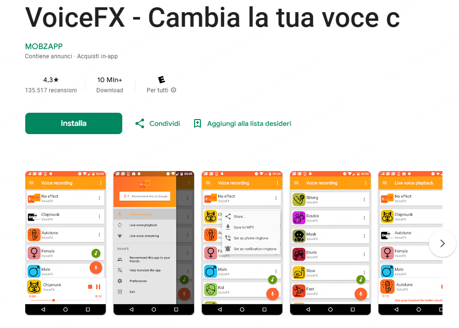 Applicazione VoiceFX per cambiare la voce da maschile a femminile