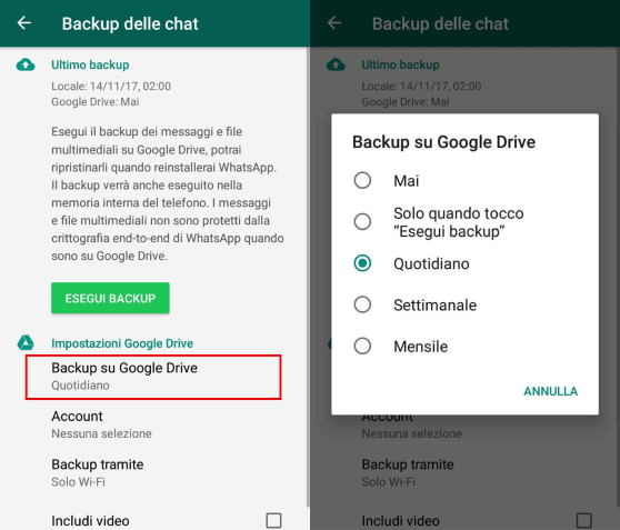 Effettua il backup dei messaggi WhatsApp da Android a Google Drive