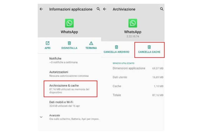 Cancella la cache di WhatsApp su Android
