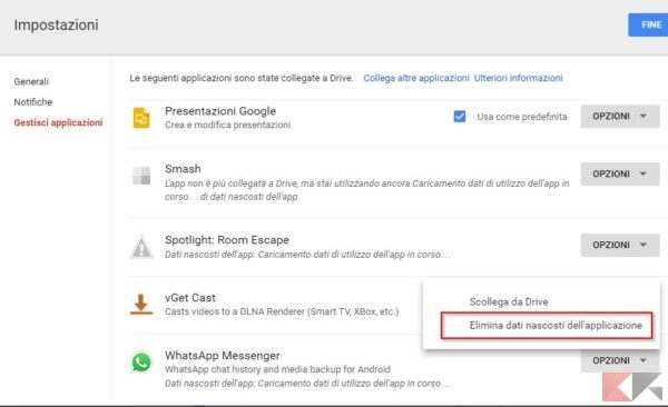 Elimina i dati di backup di Google Drive di WhatsApp