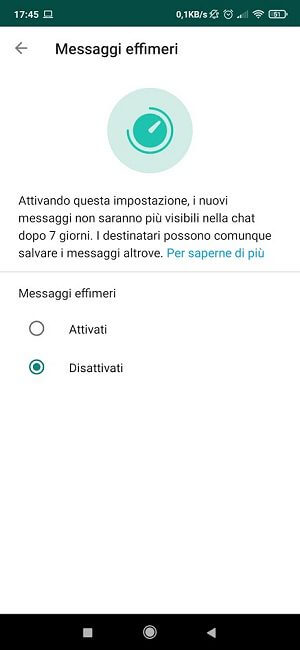 come disattivare i messaggi effimeri su whatsapp