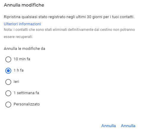 Selezionare Annulla modifiche da Contatti Google