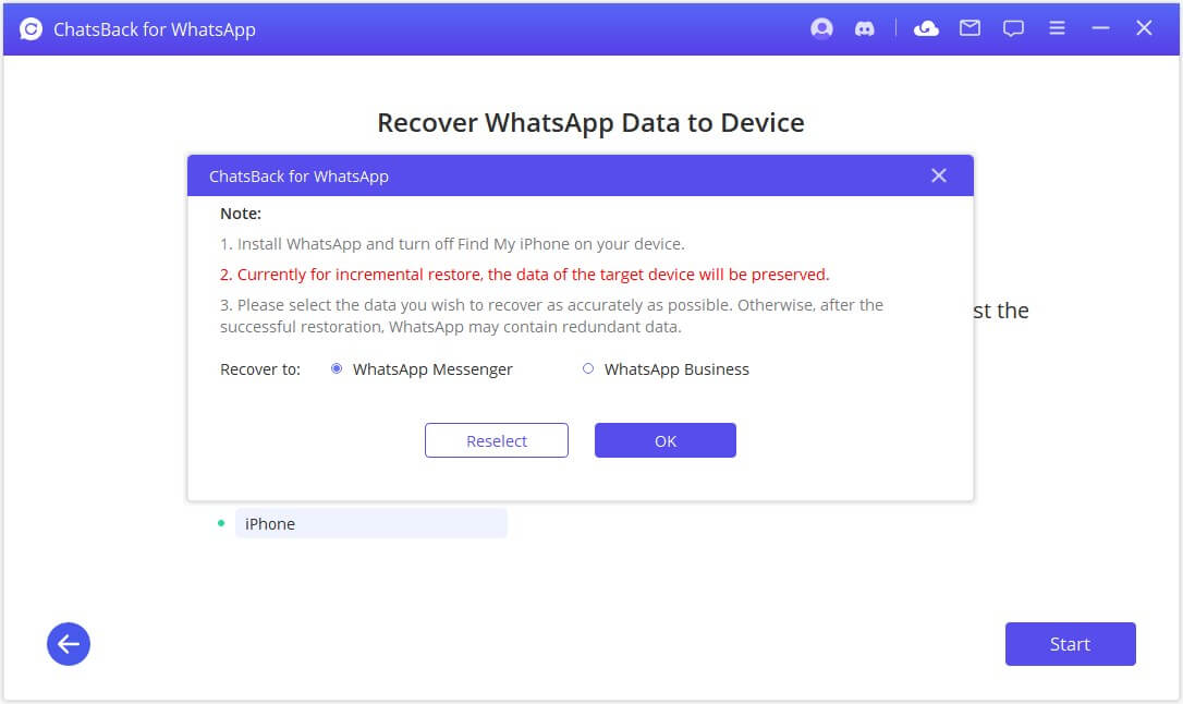 selezionare il tipo di dati WhatsApp