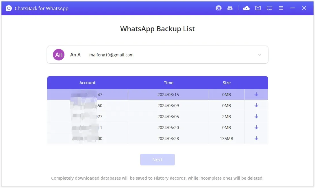 scaricare i backup dall'elenco di backup di ChatsBack Whatsapp