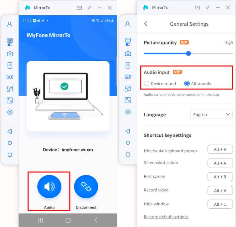 sintonizzazione audio in mirrorto