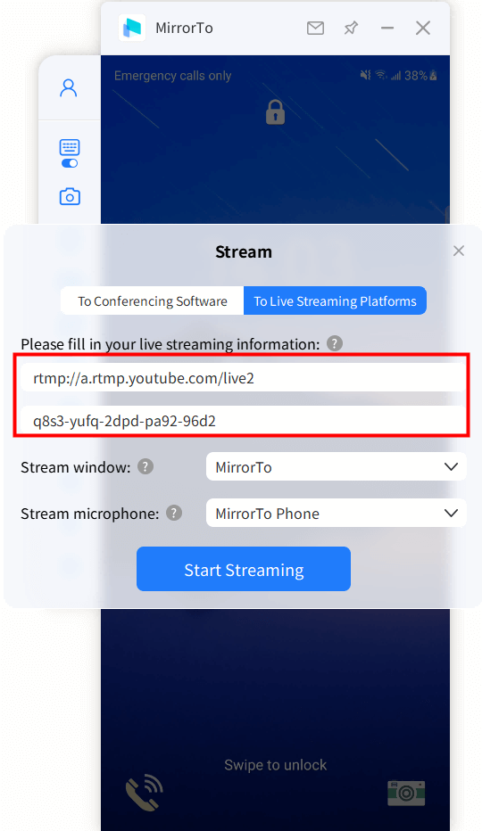 Copia e incolla il tuo codice di streaming nella finestra.