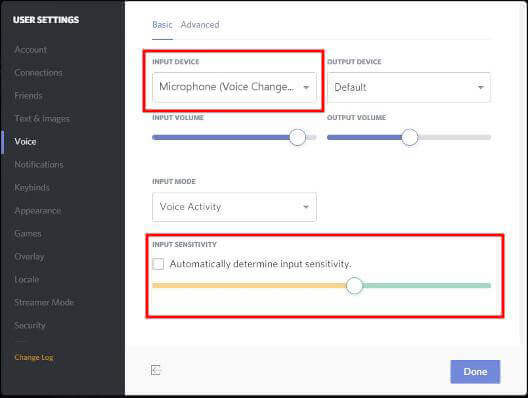 selezionare il dispositivo audio virtuale del voice changer in discord