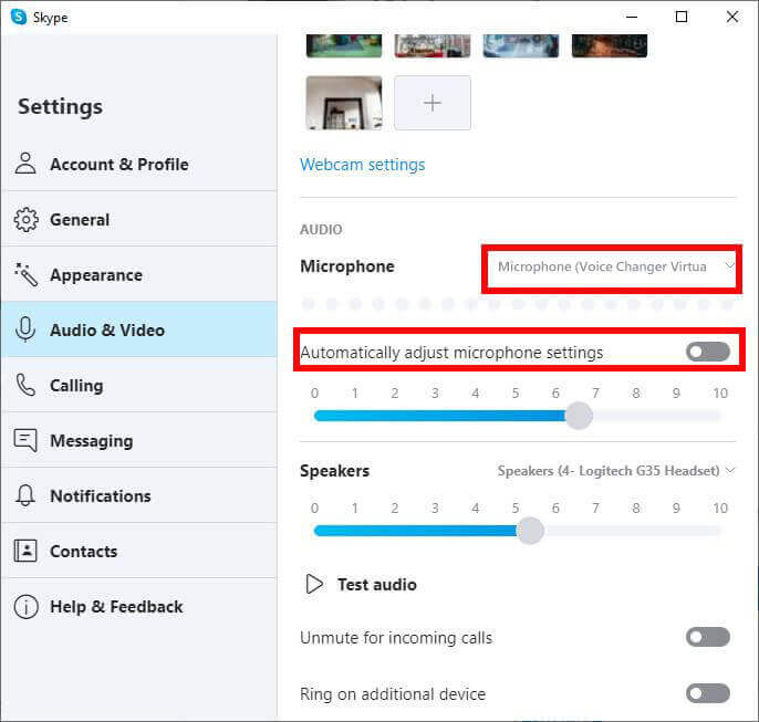 selezionare il dispositivo audio virtuale del cambiavoce in skype