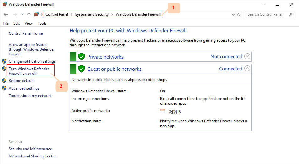 Turn off Windows Defender Firewall