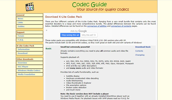K-Lite Codec Pack　ダウンロードページ