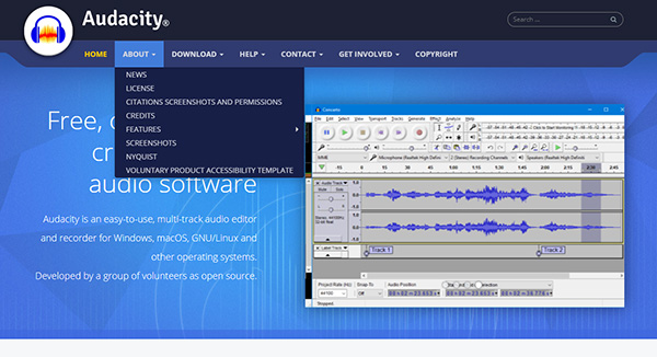 Audacityのホームページ画面