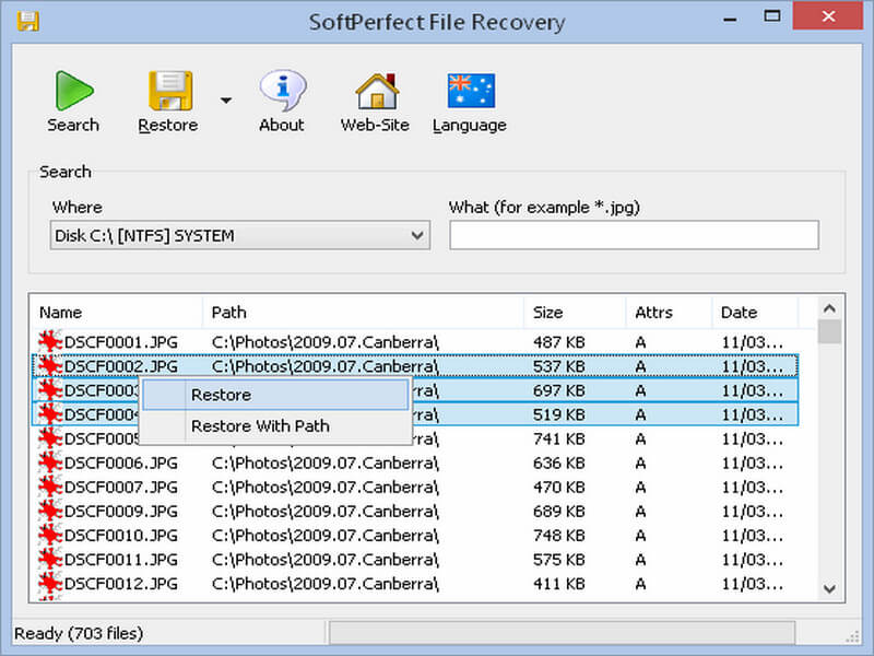 SoftPerfect File Recovery インターフェース