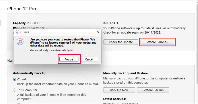 iTunes арқылы iPhone-ды қалпына келтіріңіз