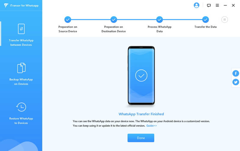 perkelti WhatsApp iš android į android baigta