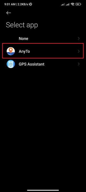 memilih AnyTo sebagai aplikasi Fake GPS 