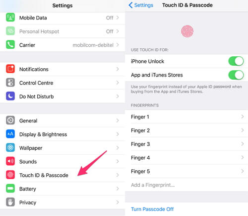 click touch id & passcode menu to unlock my iphone