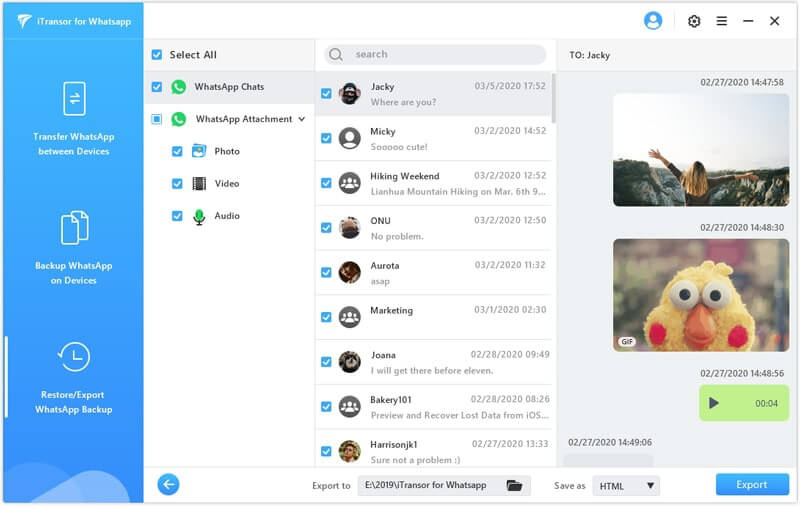 preview and select the WhatsApp chats or attachments to export
