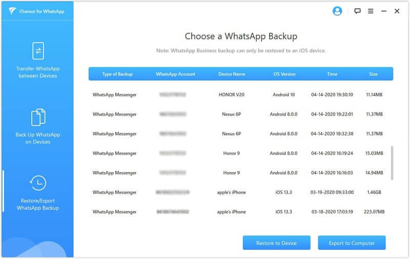 choose a WhatsApp backup to restore