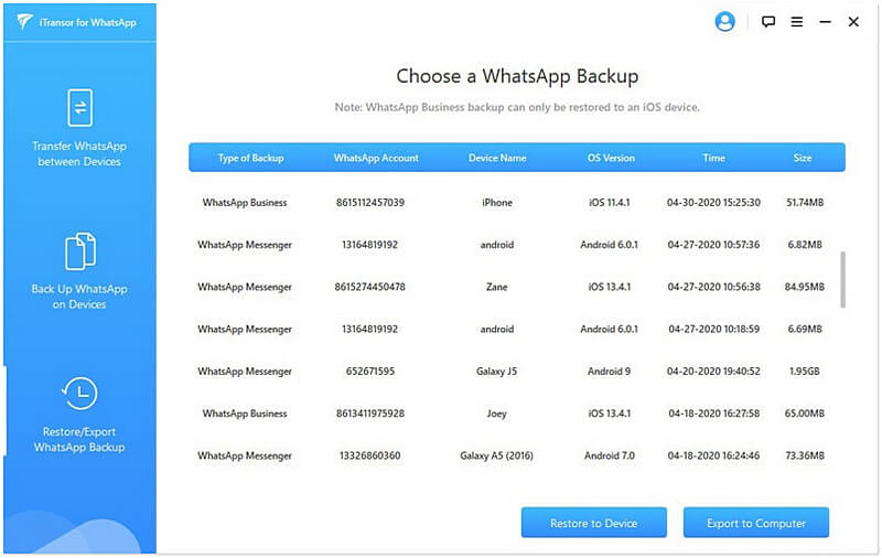 pilih sandaran perniagaan whatsapp untuk dieksport